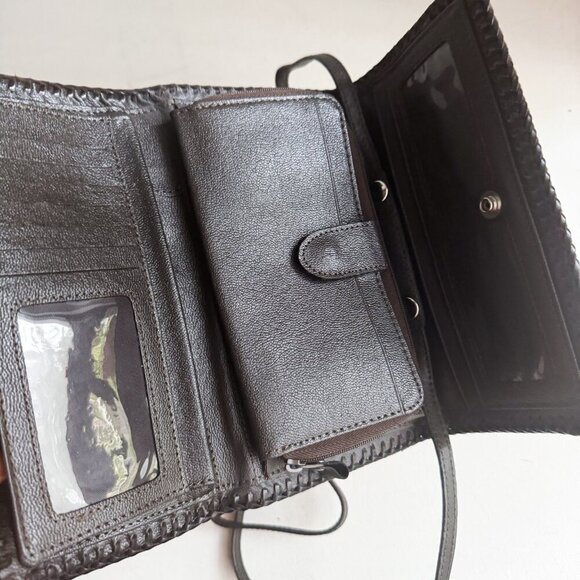 Vintage Leather Hand Tooled Leaf Acorn Print Wallet on A strap Crossbody - Picture 6 of 10